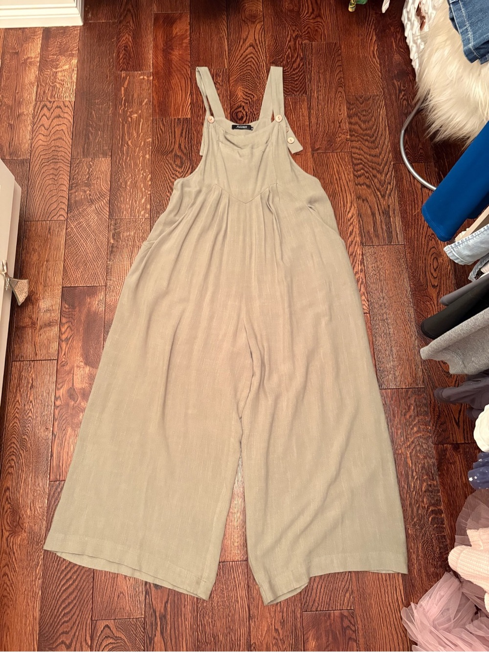 Automet Green Taupe Wide Leg Overall Jumpsuit Size M Linen Look Boho